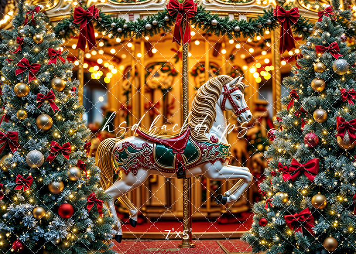 Christmas Carousel Wonderland – Holiday Lights & Tree Backdrop