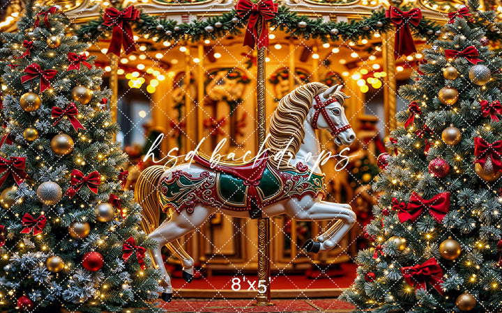 Christmas Carousel Wonderland – Holiday Lights & Tree Backdrop