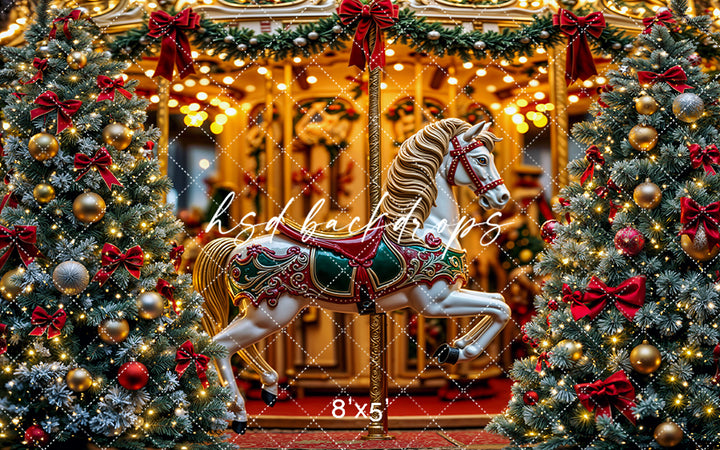 Christmas Carousel Wonderland – Holiday Lights & Tree Backdrop