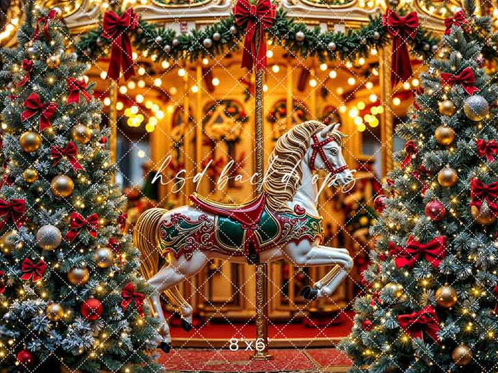 Christmas Carousel Wonderland – Holiday Lights & Tree Backdrop