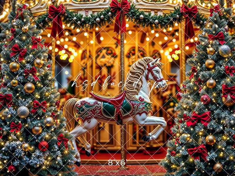 Christmas Carousel Wonderland – Holiday Lights & Tree Backdrop