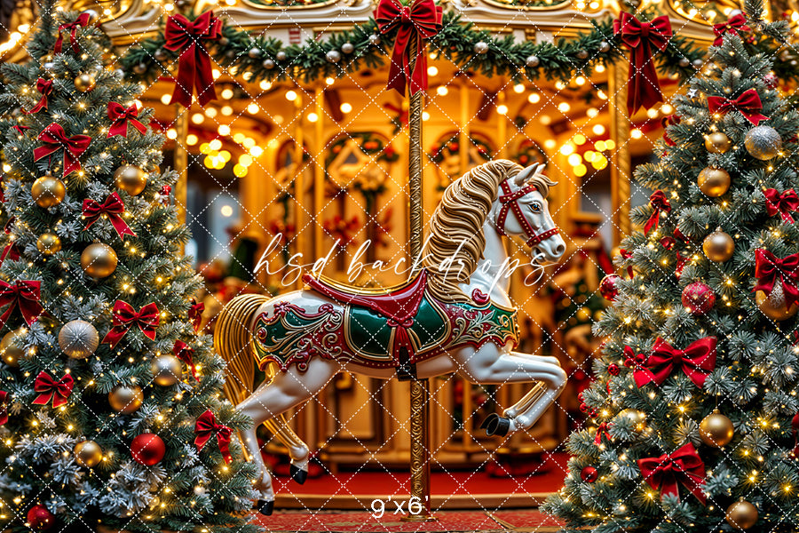 Christmas Carousel Wonderland – Holiday Lights & Tree Backdrop
