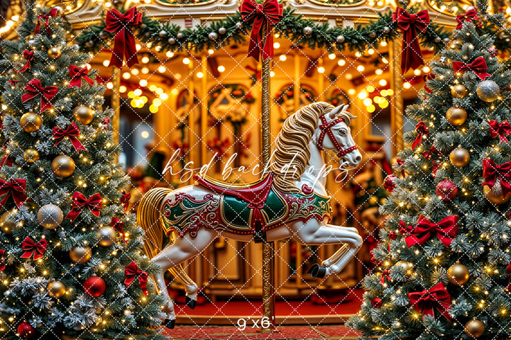 Christmas Carousel Wonderland – Holiday Lights & Tree Backdrop
