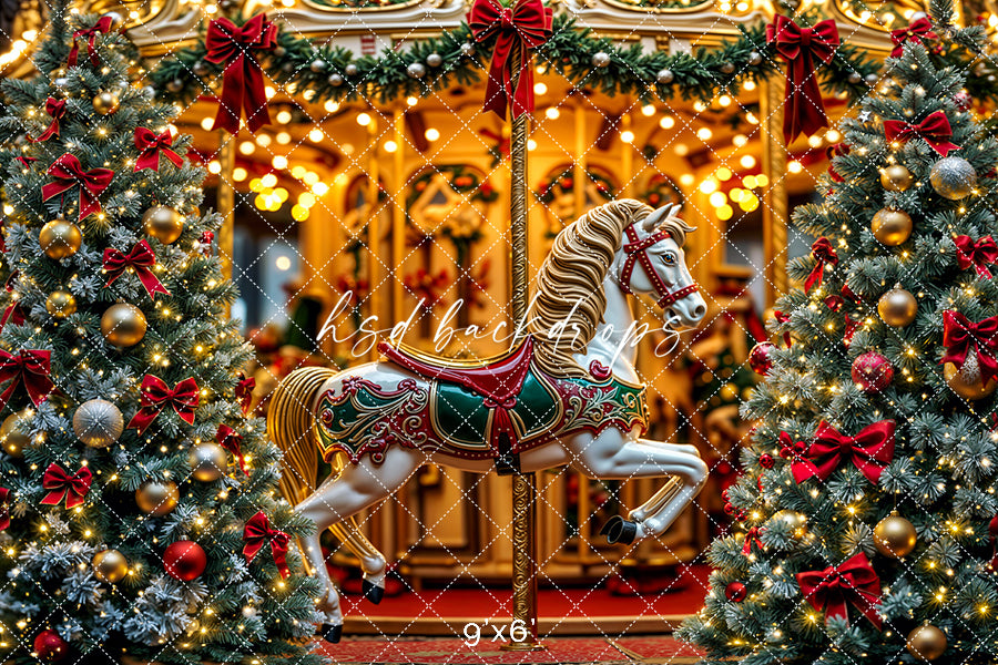 Christmas Carousel Wonderland – Holiday Lights & Tree Backdrop