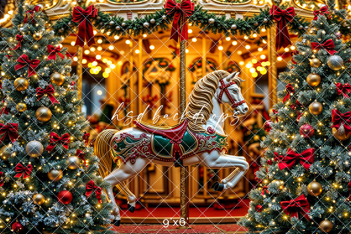 Christmas Carousel Wonderland – Holiday Lights & Tree Backdrop