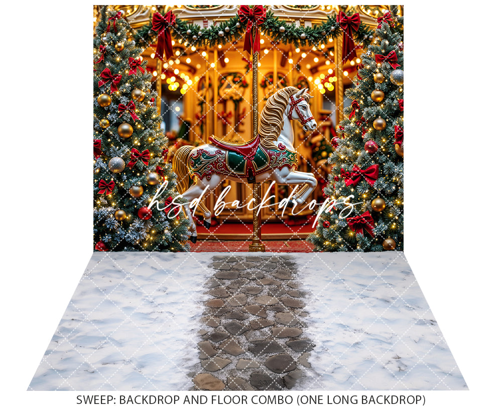 Christmas Carousel Wonderland – Holiday Lights & Tree Backdrop