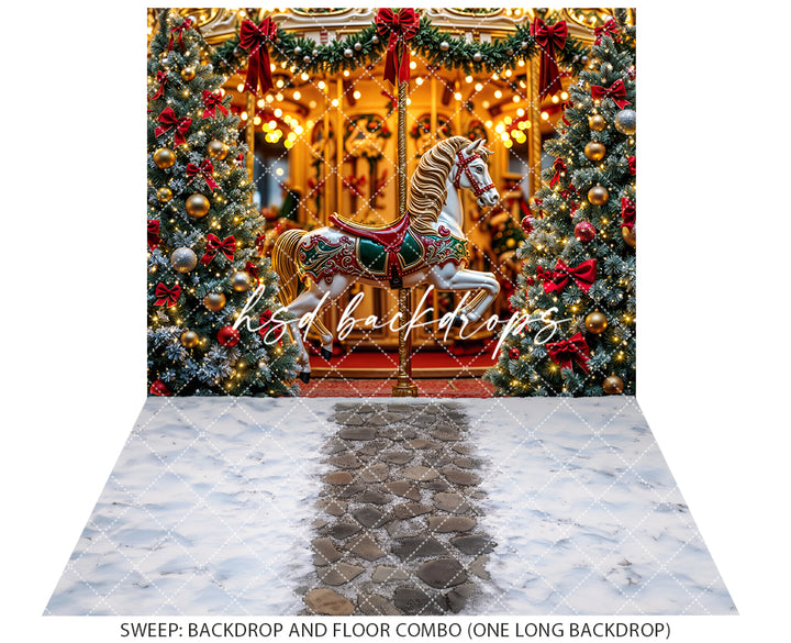 Christmas Carousel Wonderland – Holiday Lights & Tree Backdrop