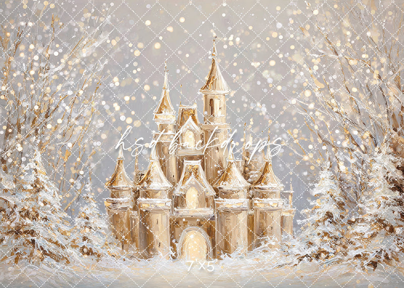 Golden Winter Castle Christmas fairytale photography backdrop with snow and lights