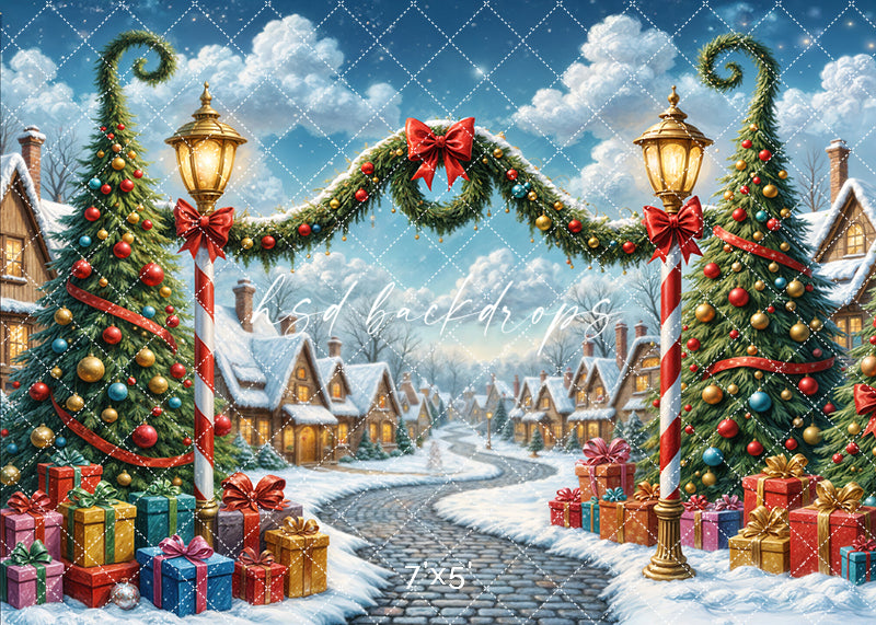 Whimsical Christmas village backdrop with candy cane lamp posts, snowy rooftops, and decorated Christmas trees