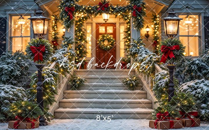 Festive Front Porch - Christmas Photography Backdrop