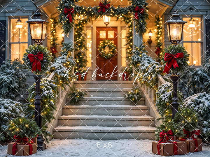 Festive Front Porch - Christmas Photography Backdrop