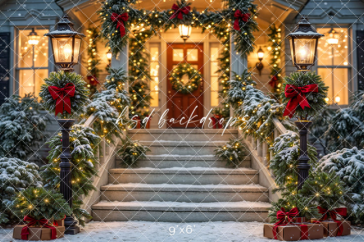 Festive Front Porch - Christmas Photography Backdrop