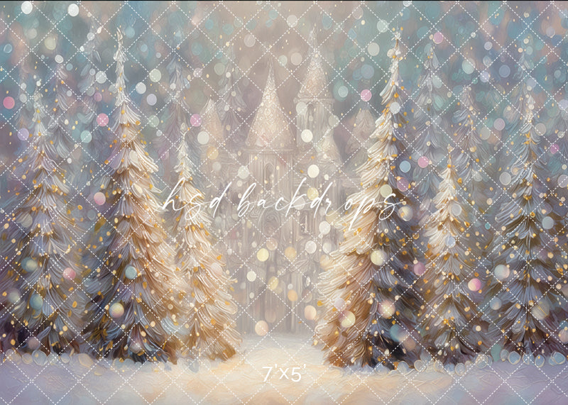 Enchanted Winter Castle Christmas photography backdrop with snowy trees and glowing castle.