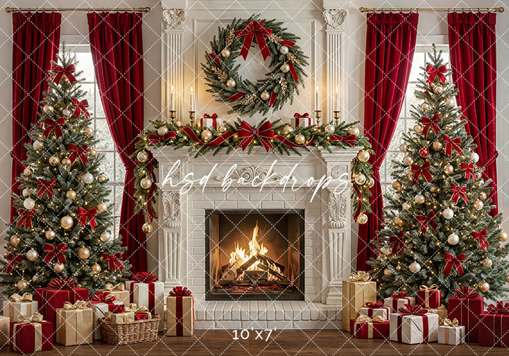 Luxury Christmas Fireplace Photography Backdrop – Red Curtain Holiday Portrait Scene | HSD Backdrops