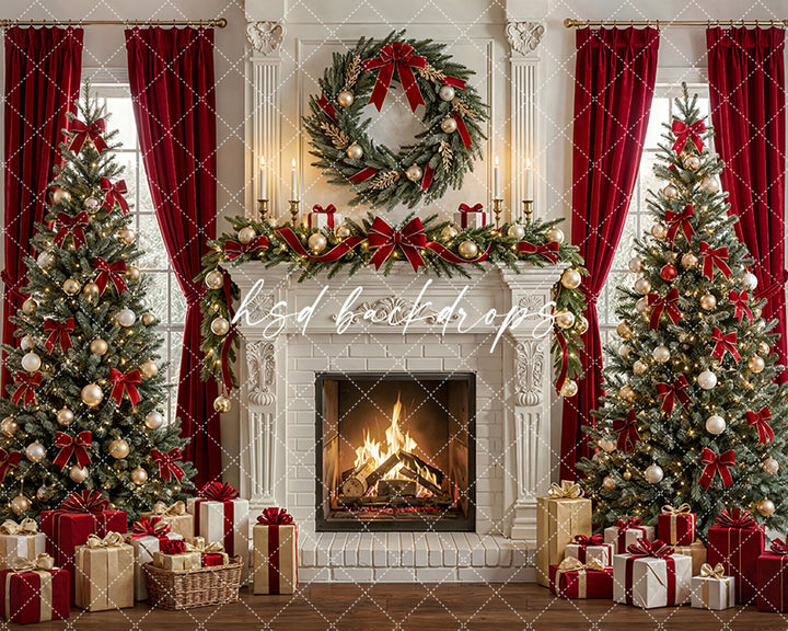 Luxury Christmas Fireplace Photography Backdrop – Red Curtain Holiday Portrait Scene | HSD Backdrops