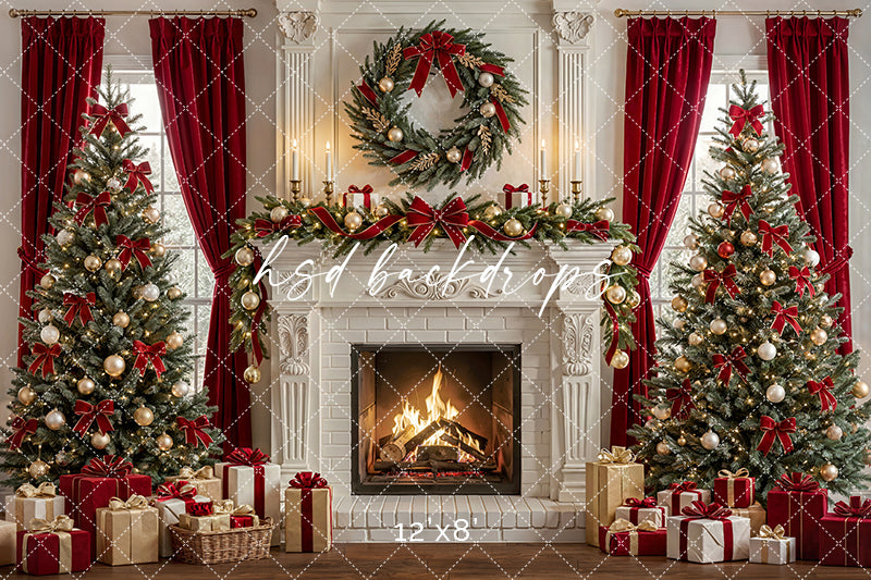 Luxury Christmas Fireplace Photography Backdrop – Red Curtain Holiday Portrait Scene | HSD Backdrops