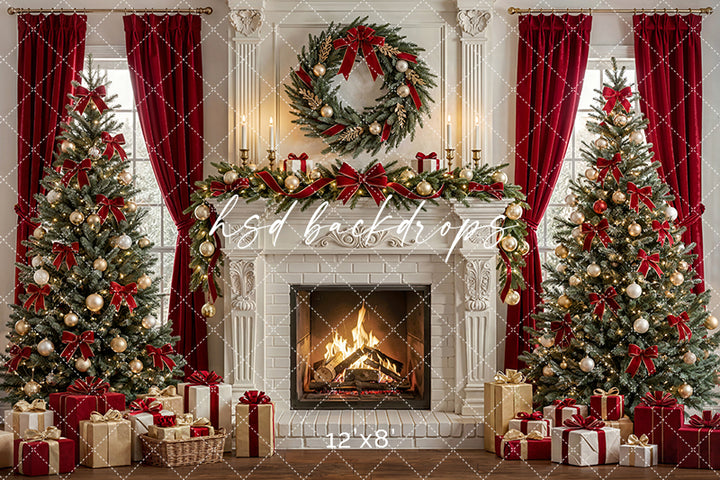 Luxury Christmas Fireplace Photography Backdrop – Red Curtain Holiday Portrait Scene | HSD Backdrops