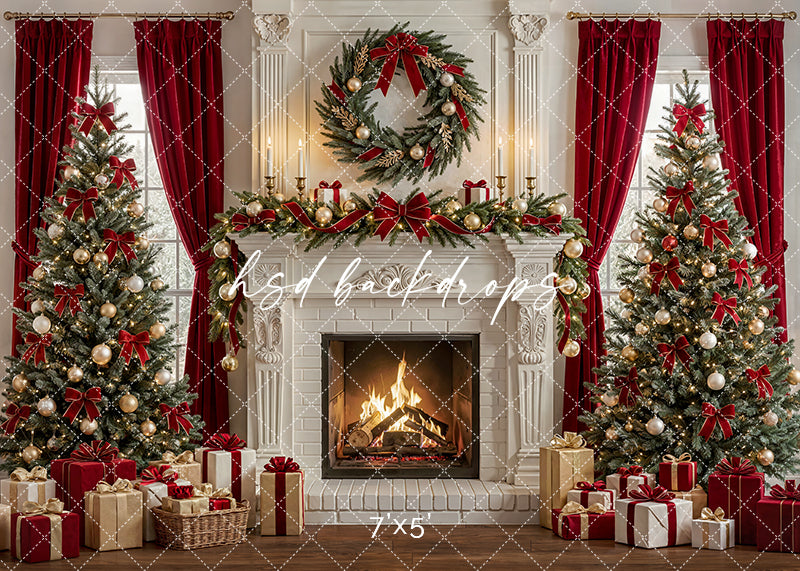 Luxury Christmas fireplace photography backdrop with red curtains, decorated Christmas trees, white mantel, wreath, garlands, gifts, and glowing holiday décor for portrait photography.