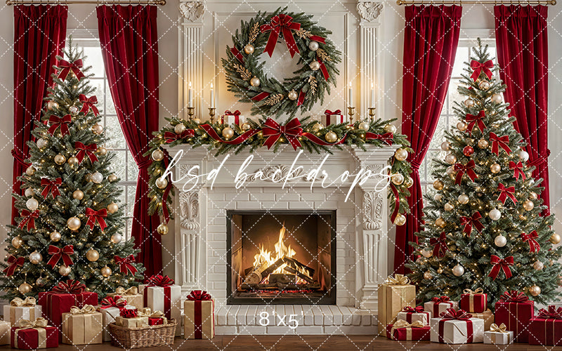 Luxury Christmas Fireplace Photography Backdrop – Red Curtain Holiday Portrait Scene | HSD Backdrops