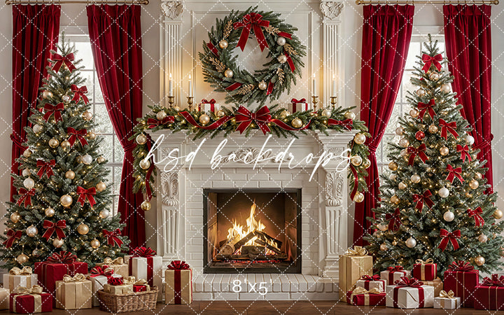 Luxury Christmas Fireplace Photography Backdrop – Red Curtain Holiday Portrait Scene | HSD Backdrops