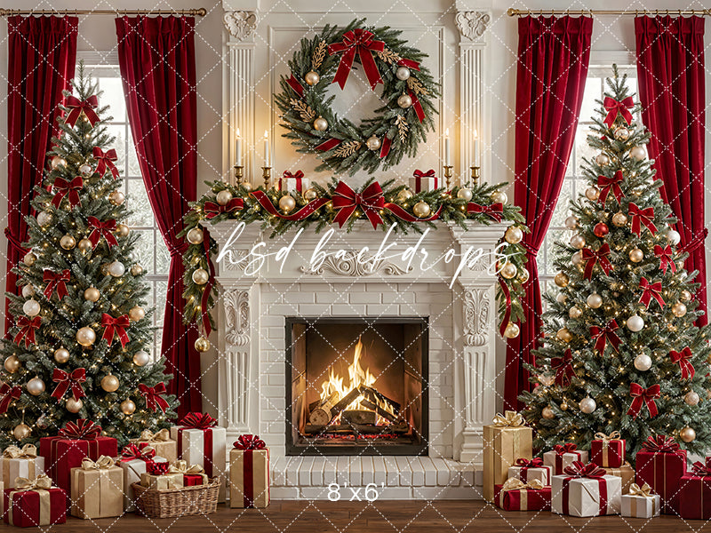 Luxury Christmas Fireplace Photography Backdrop – Red Curtain Holiday Portrait Scene | HSD Backdrops