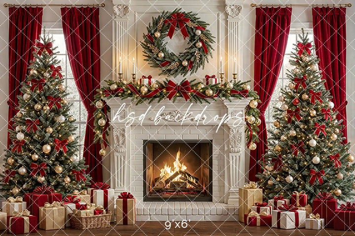 Luxury Christmas Fireplace Photography Backdrop – Red Curtain Holiday Portrait Scene | HSD Backdrops
