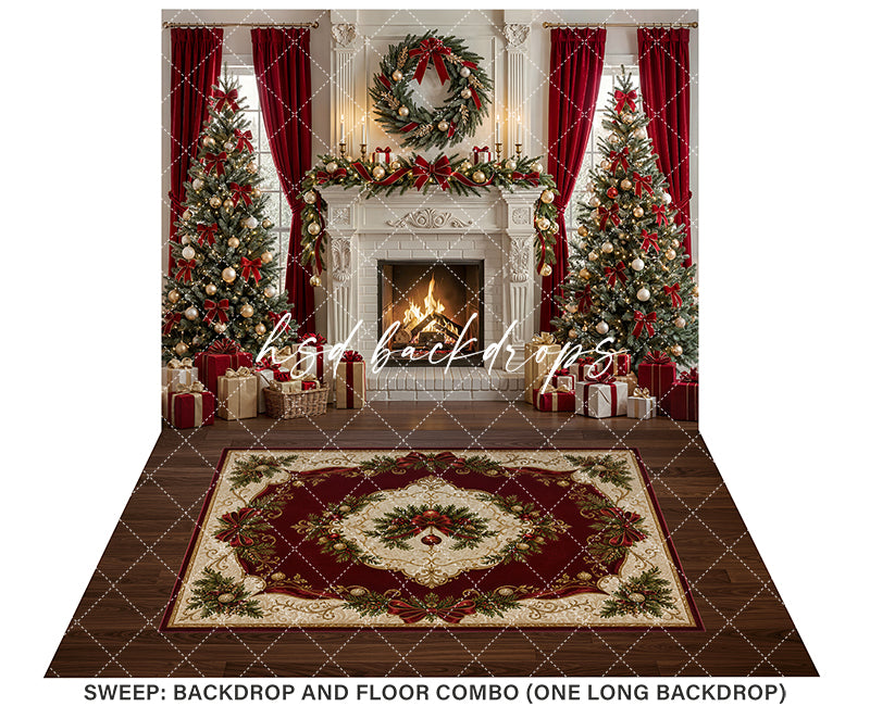 Luxury Christmas Fireplace Photography Backdrop – Red Curtain Holiday Portrait Scene | HSD Backdrops