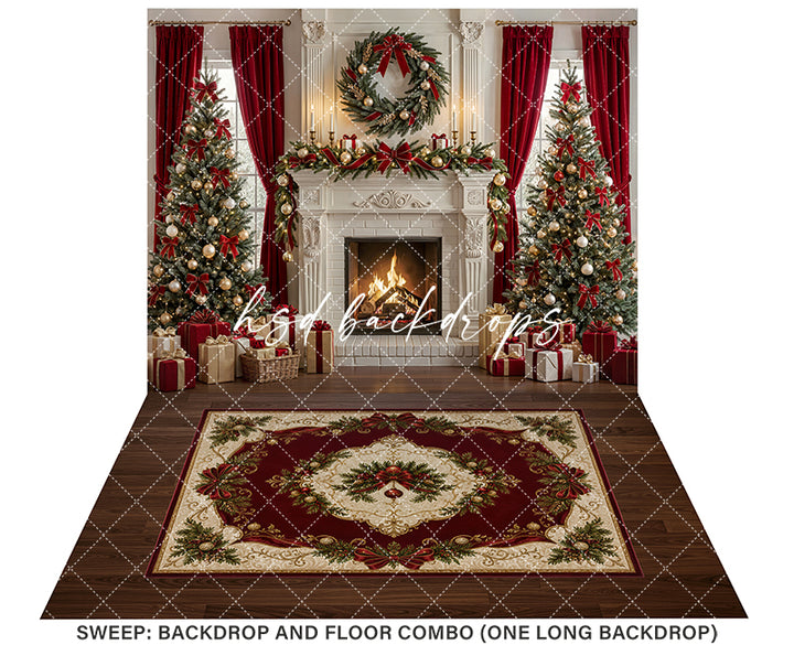 Luxury Christmas Fireplace Photography Backdrop – Red Curtain Holiday Portrait Scene | HSD Backdrops
