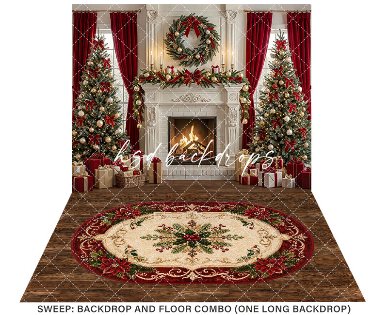 Luxury Christmas Fireplace Photography Backdrop – Red Curtain Holiday Portrait Scene | HSD Backdrops