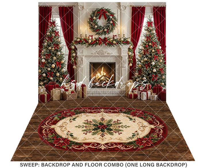 Luxury Christmas Fireplace Photography Backdrop – Red Curtain Holiday Portrait Scene | HSD Backdrops