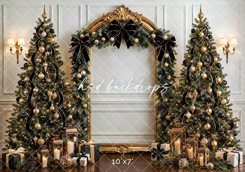 Black Bow Christmas Arch Photography Backdrop – Elegant Holiday Portrait Scene | HSD Backdrops