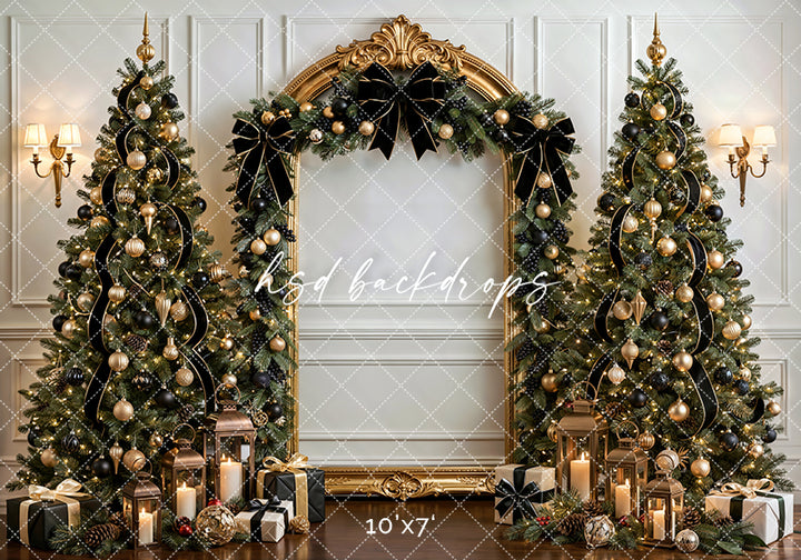 Black Bow Christmas Arch Photography Backdrop – Elegant Holiday Portrait Scene | HSD Backdrops