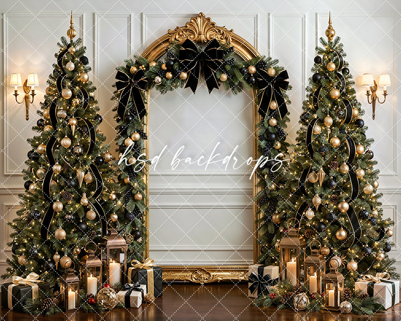 Black Bow Christmas Arch Photography Backdrop – Elegant Holiday Portrait Scene | HSD Backdrops