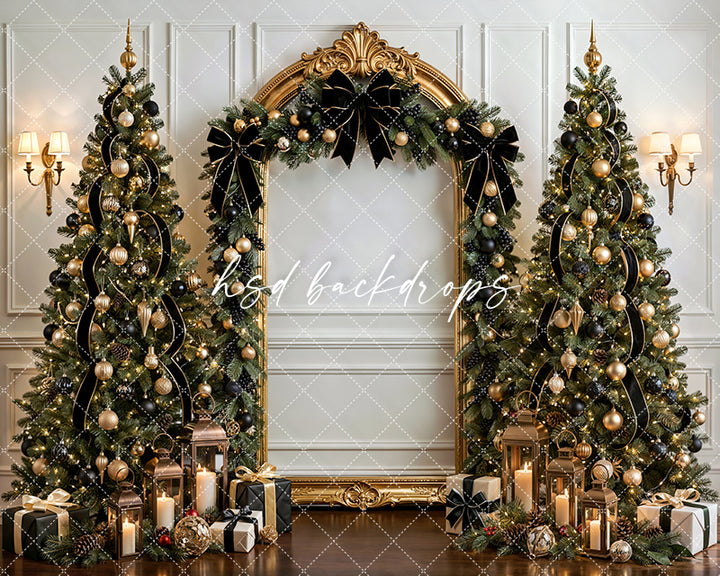 Black Bow Christmas Arch Photography Backdrop – Elegant Holiday Portrait Scene | HSD Backdrops