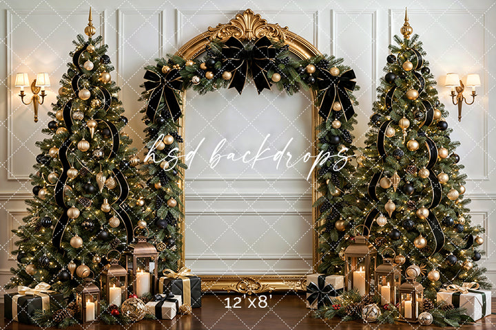 Black Bow Christmas Arch Photography Backdrop – Elegant Holiday Portrait Scene | HSD Backdrops