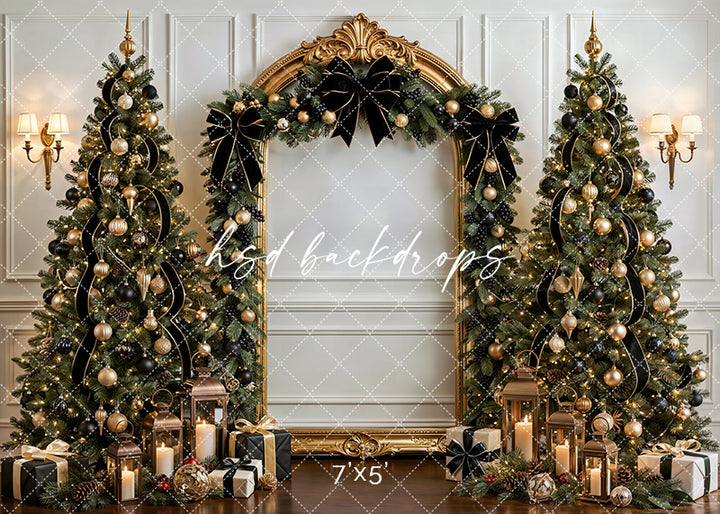 Black Bow Christmas Arch photography backdrop with a grand gold frame, decorated Christmas trees, black velvet bows, lanterns, wrapped gifts, and elegant holiday décor for portrait photography.
