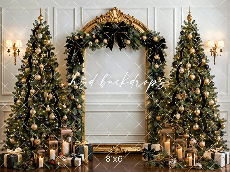 Black Bow Christmas Arch Photography Backdrop – Elegant Holiday Portrait Scene | HSD Backdrops