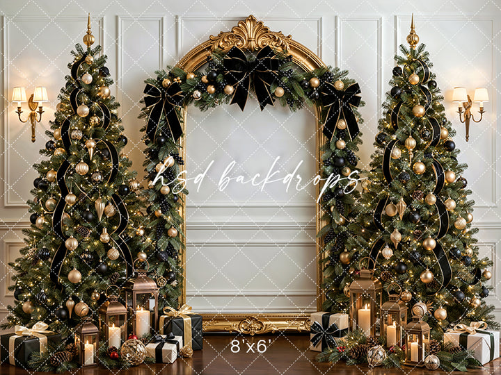 Black Bow Christmas Arch Photography Backdrop – Elegant Holiday Portrait Scene | HSD Backdrops
