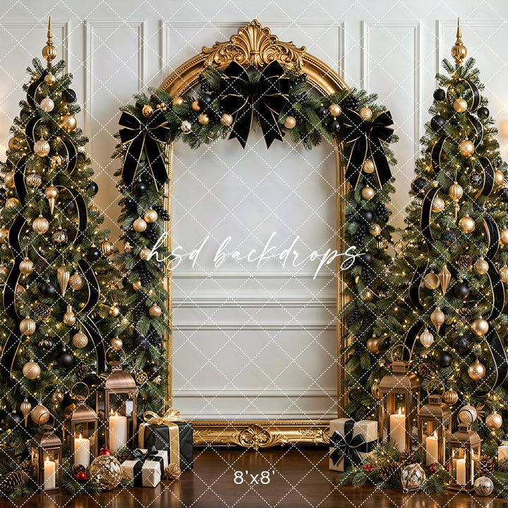 Black Bow Christmas Arch Photography Backdrop – Elegant Holiday Portrait Scene | HSD Backdrops