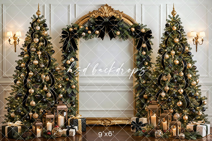 Black Bow Christmas Arch Photography Backdrop – Elegant Holiday Portrait Scene | HSD Backdrops