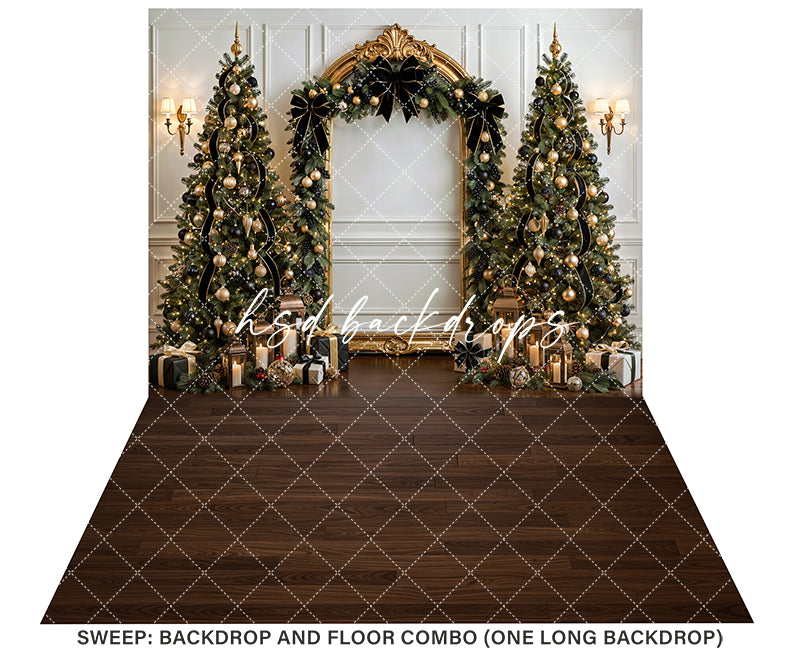 Black Bow Christmas Arch Photography Backdrop – Elegant Holiday Portrait Scene | HSD Backdrops