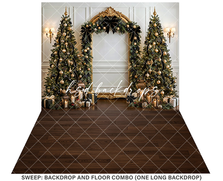 Black Bow Christmas Arch Photography Backdrop – Elegant Holiday Portrait Scene | HSD Backdrops