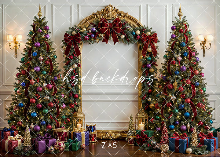 Festive Gem Ornament Christmas photography backdrop with an ornate gold arch, decorated Christmas trees, jewel-tone ornaments, velvet bows, lanterns, gifts, and elegant holiday décor for portrait photography.