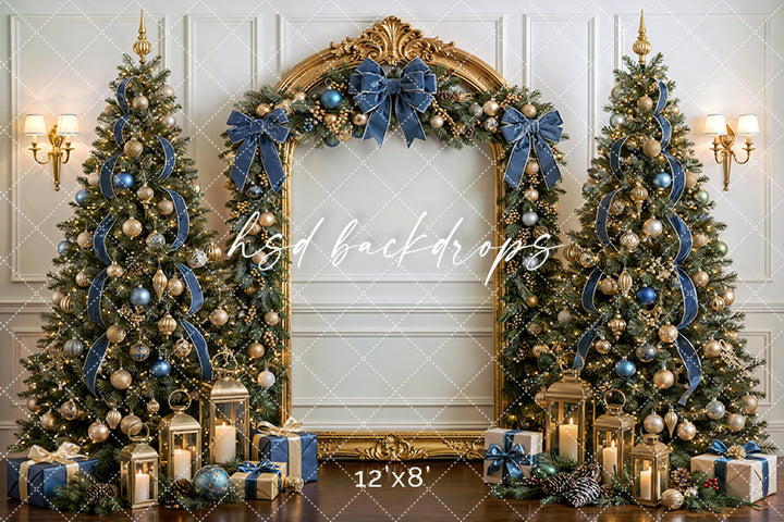 Dusty Blue Christmas Tree Photography Backdrop – Luxury Holiday Portrait Scene | HSD Backdrops