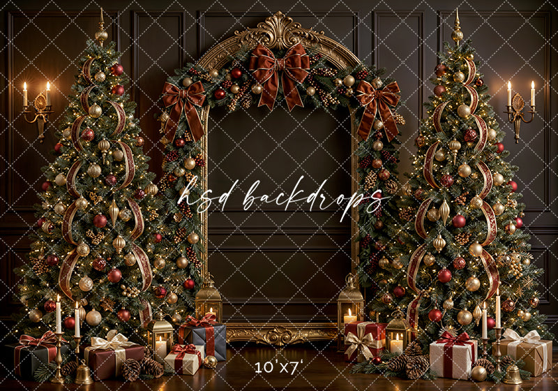 Moody Bronze Christmas Arch Photography Backdrop – Luxury Holiday Portrait Scene | HSD Backdrops