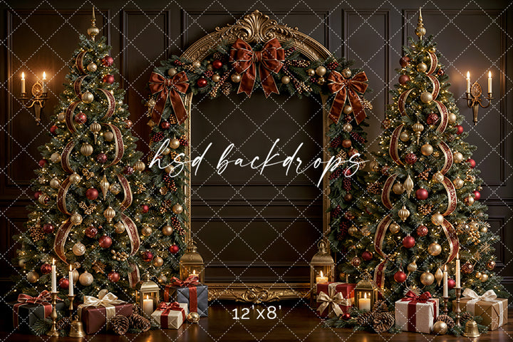 Moody Bronze Christmas Arch Photography Backdrop – Luxury Holiday Portrait Scene | HSD Backdrops