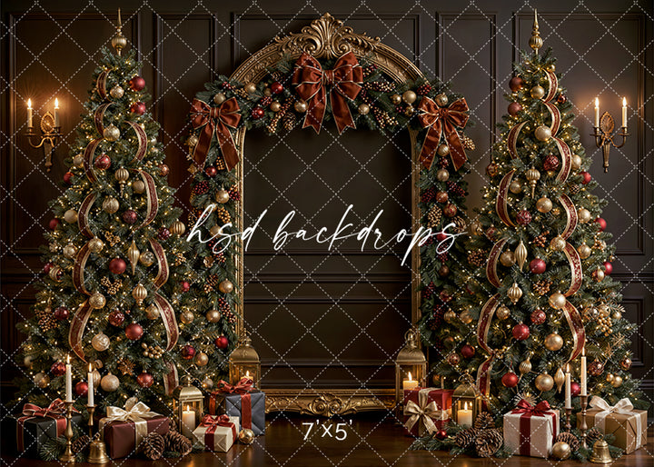 Moody Bronze Christmas Arch photography backdrop with a grand gold arch, decorated Christmas trees, bronze and gold ornaments, glowing lanterns, candles, gifts, and elegant holiday décor for portrait photography.