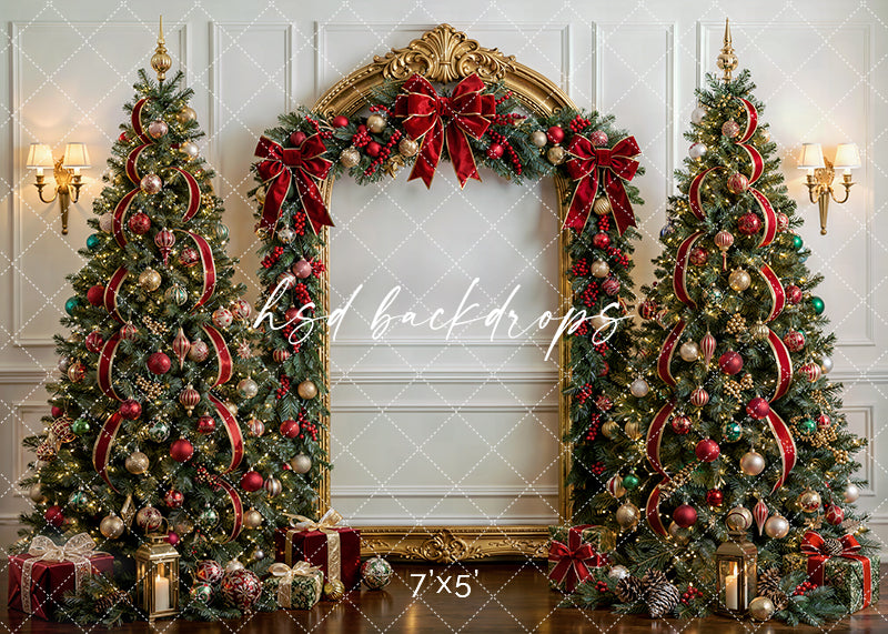 Traditional Christmas Arch photography backdrop with a grand gold arch, decorated Christmas trees, red bows, lanterns, wrapped gifts, and classic holiday décor for portrait photography.