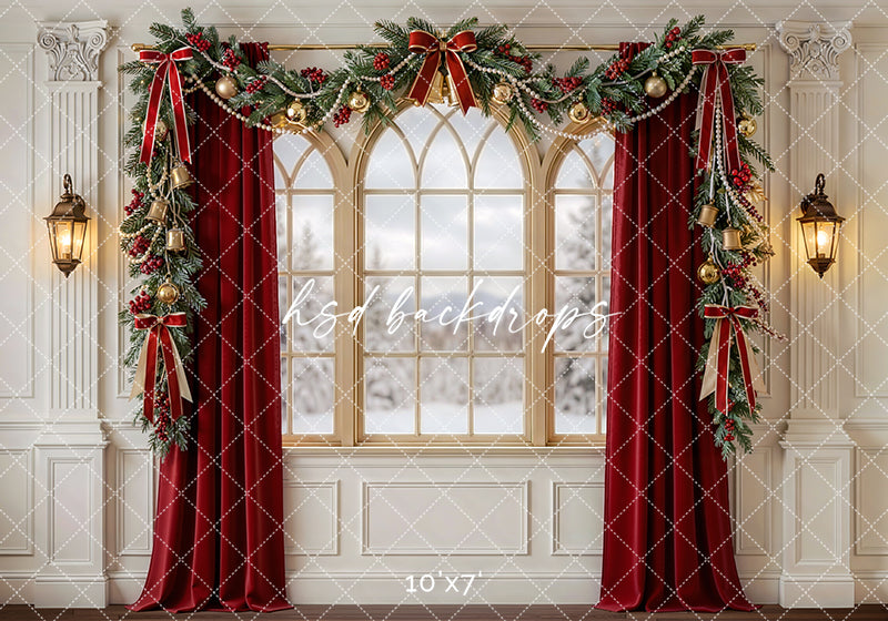 Red Curtain Christmas Window Photography Backdrop – Classic Holiday Portrait Scene | HSD Backdrops