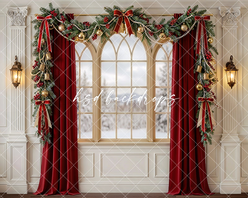Red Curtain Christmas Window Photography Backdrop – Classic Holiday Portrait Scene | HSD Backdrops